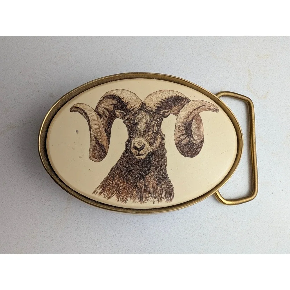 Vintage 1983 Barlow Solid Brass Bighorn Ram Scrimshaw Belt Buckle Made in USA